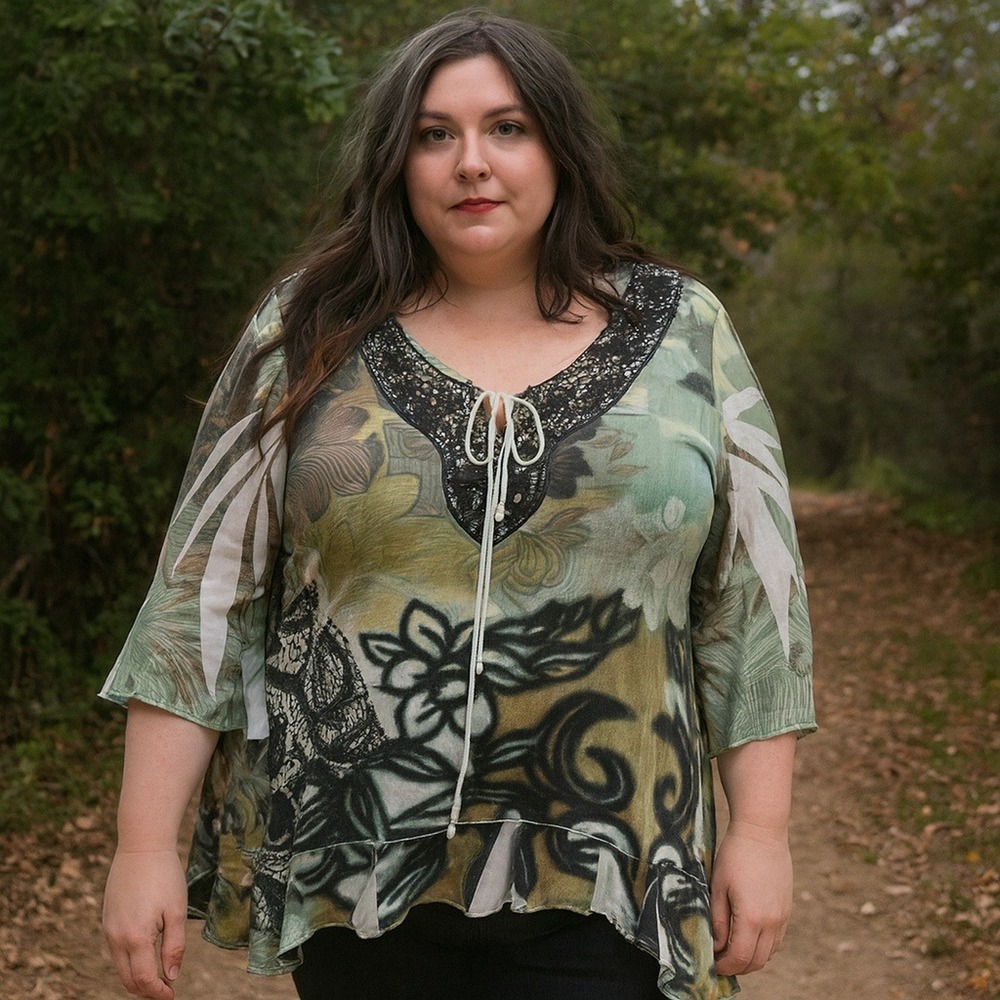 Vintage Y2K B.L.E.U. Top Womens Plus Size 2X Floral Print Embellished Whimsygoth